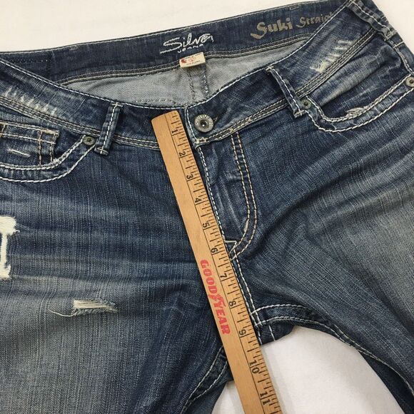SILVER Suki Jeans Women 36x30 Straight Medium Wash Distressed Stretch Denim Blue - Picture 14 of 16